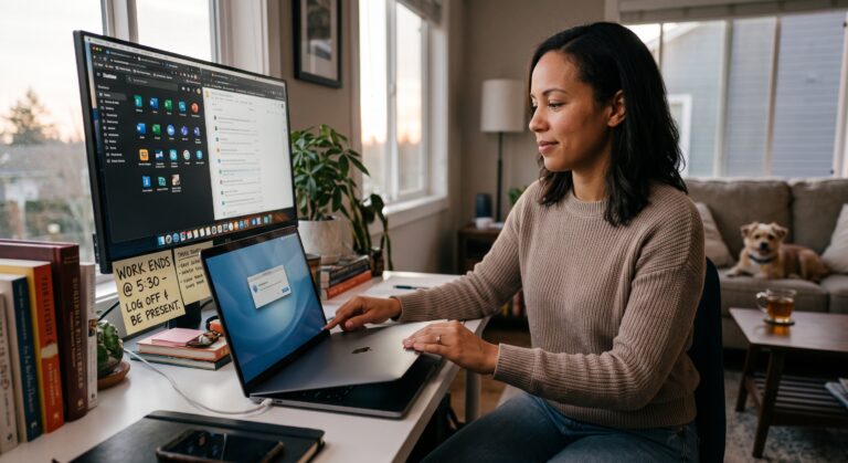 Woman working from home while maintaining work-life balance