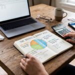 Person planning a monthly budget using the 50/30/20 rule with a notebook, laptop, and calculator