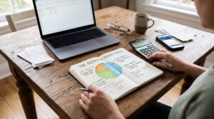 Person planning a monthly budget using the 50/30/20 rule with a notebook, laptop, and calculator