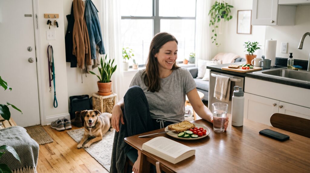 Healthy habits at home, including eating a balanced meal, drinking water, and enjoying a relaxing daily routine.