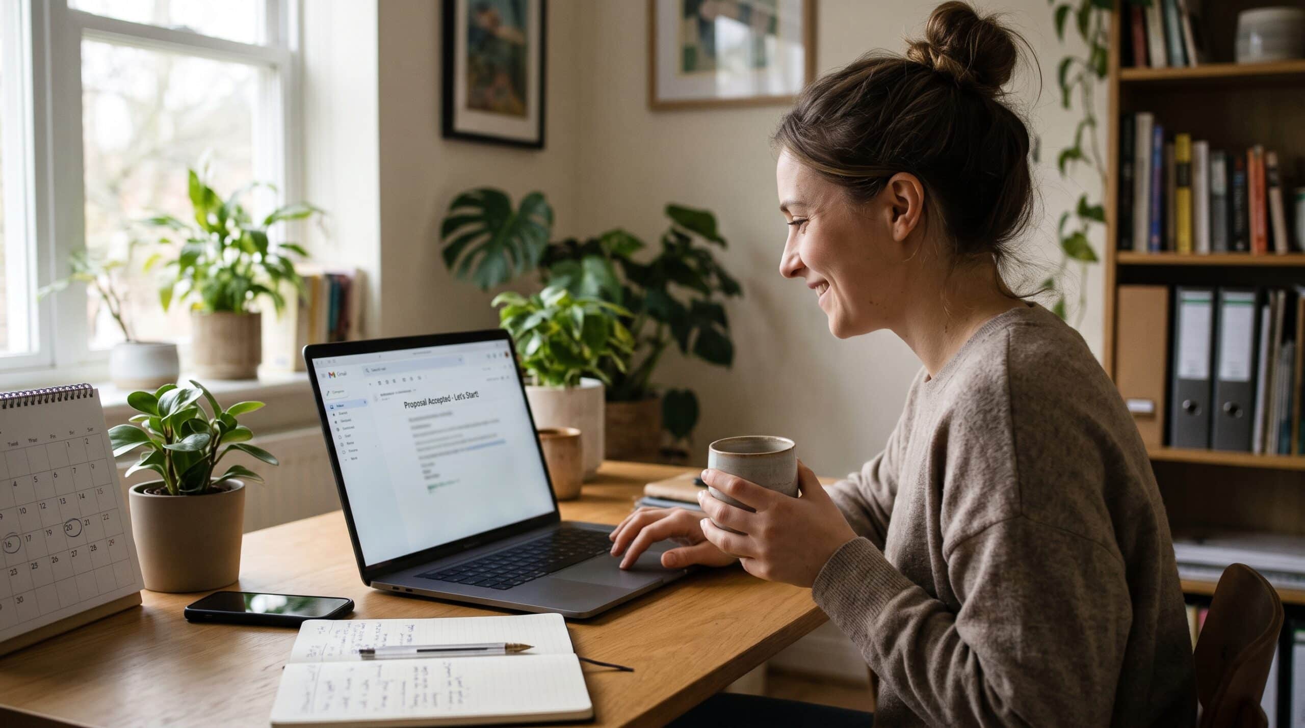 Woman working as a freelancer on a laptop at a home office