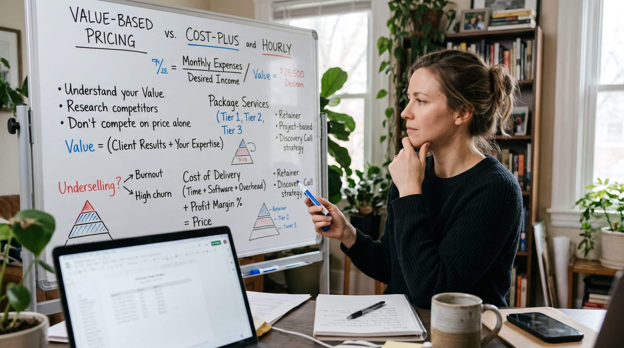Woman learning how to price your services using a pricing strategy whiteboard
