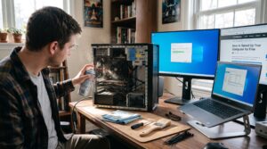 Technician cleaning a desktop computer to improve performance and speed up the computer without buying new hardware.