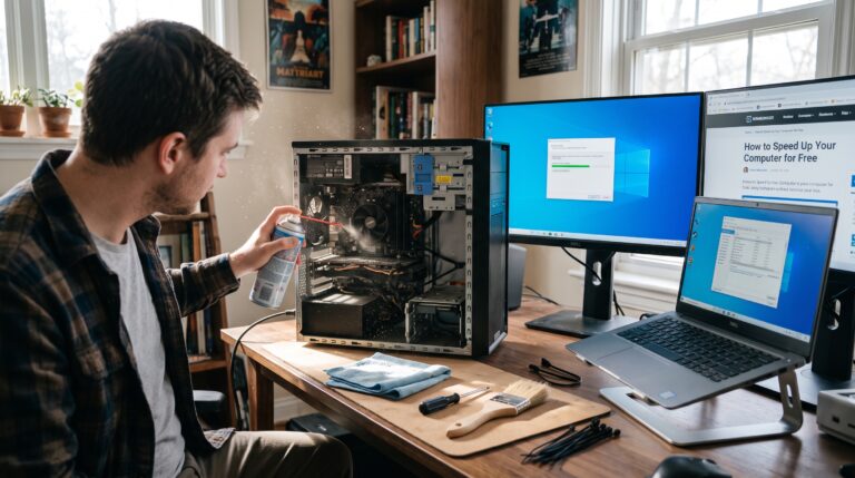 Technician cleaning a desktop computer to improve performance and speed up the computer without buying new hardware.