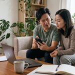 Couple learning how to spot fake news by checking information on a smartphone