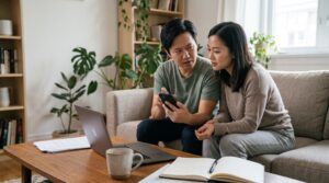 Couple learning how to spot fake news by checking information on a smartphone