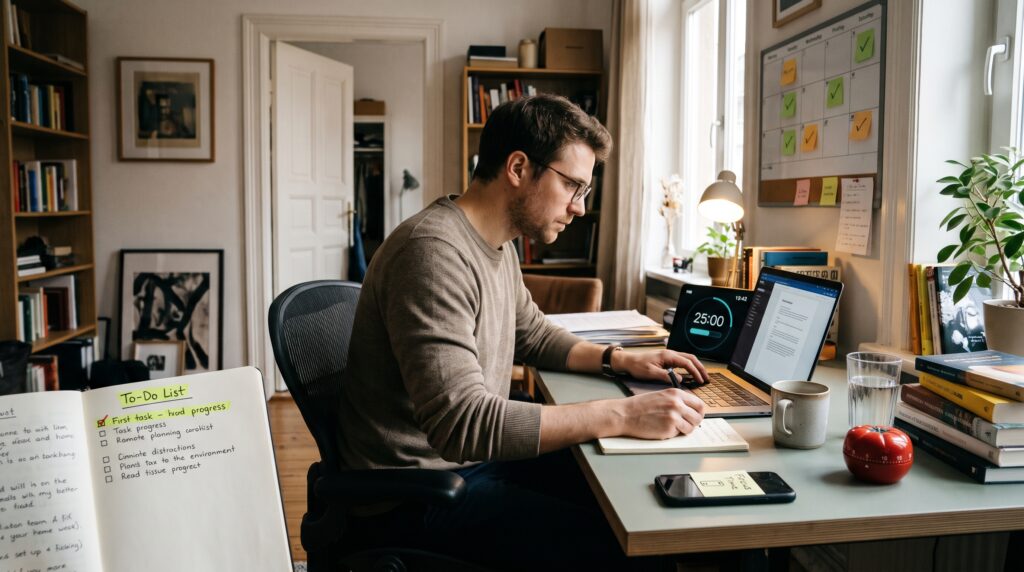 Man using a timer and to-do list to learn how to stop procrastinating