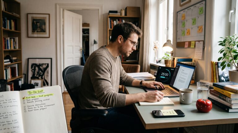 Man using a timer and to-do list to learn how to stop procrastinating
