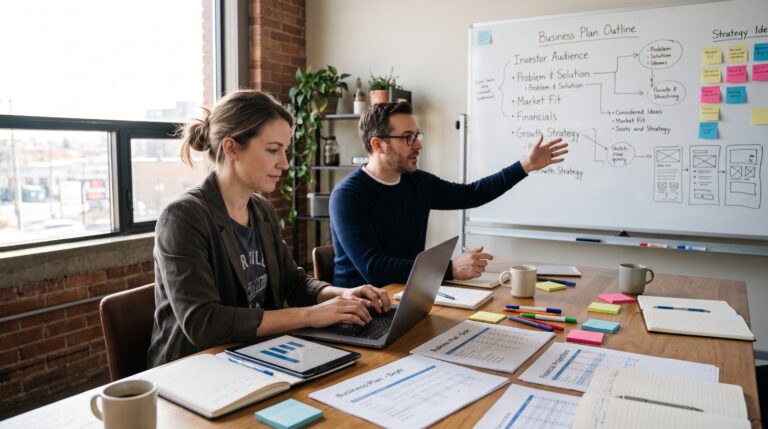 How to write a business plan with entrepreneurs reviewing financial projections, market research, and growth strategies.